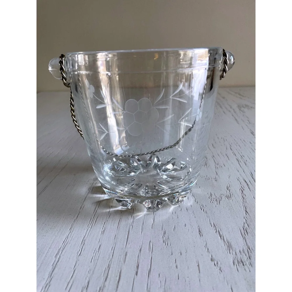 Vintage Midcentury Glass Ice Bucket Etched Floral Design Twisted Metal Handle 5